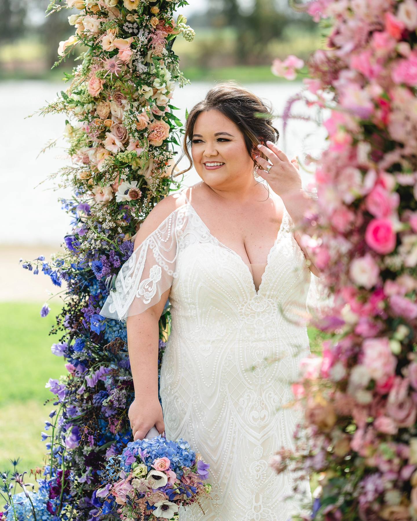 pink and blue wedding arch flowers